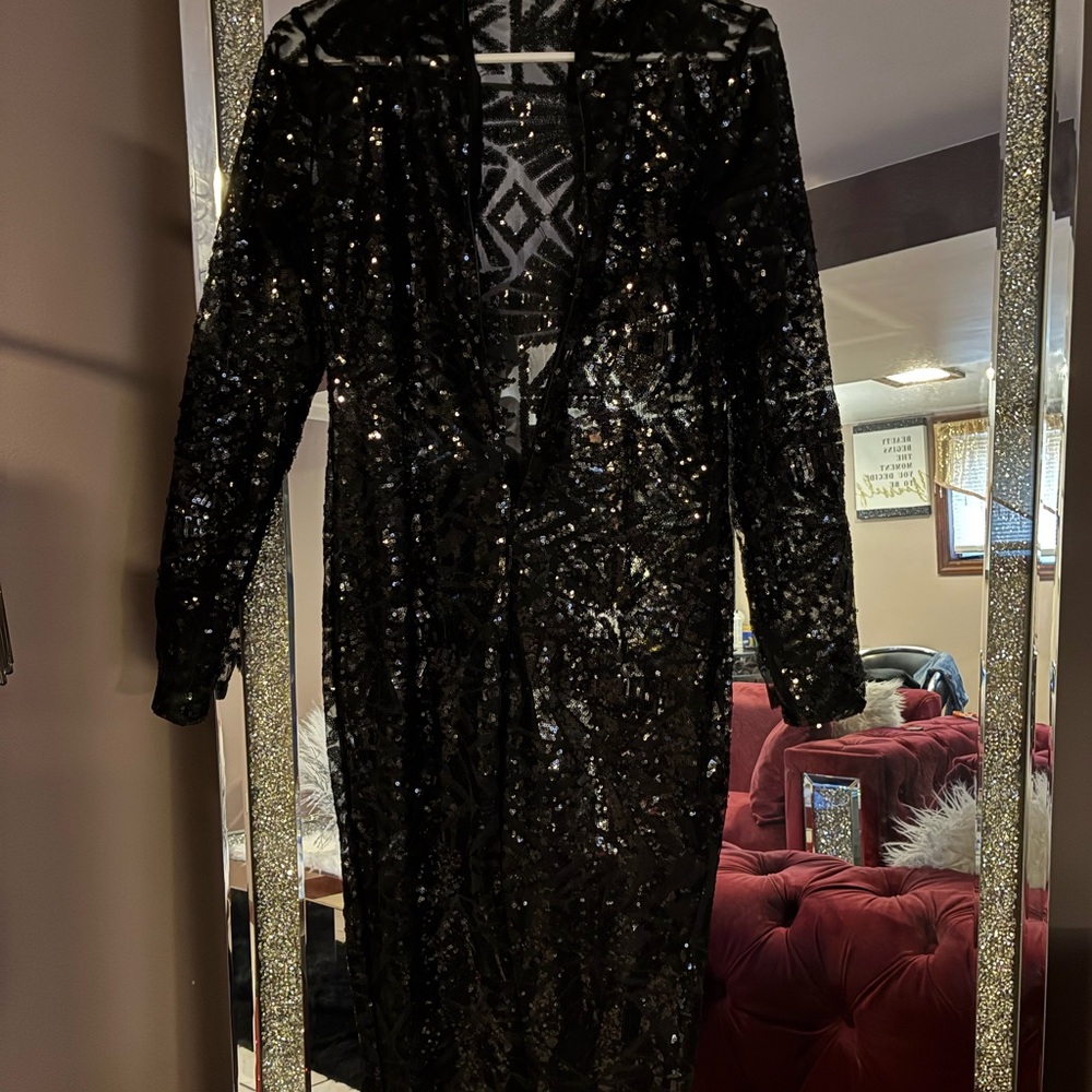 Black Sequin Long Sleeve Dress